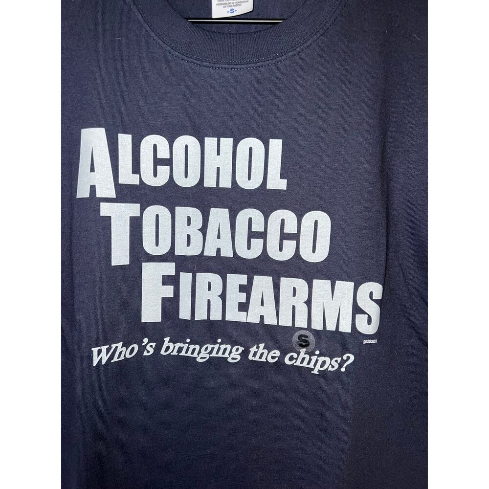 Y2K ATF Alcohol Tobacco Firearms Dark Blue Graphic Humor Joke Shirt S Small - Picture 2 of 9